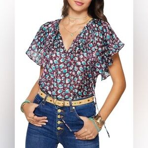 NWT Ramy Brook Sidney Silk Blend Ruffle Tie Neck Relaxed Blouse Floral Raisin XS